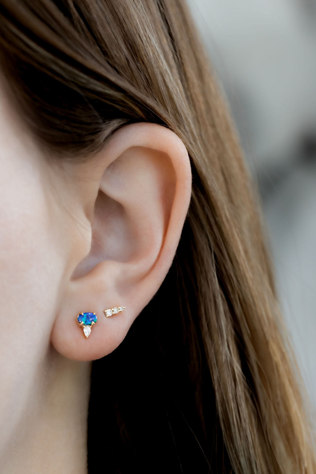 Opal with Pear Diamond Stud Earrings