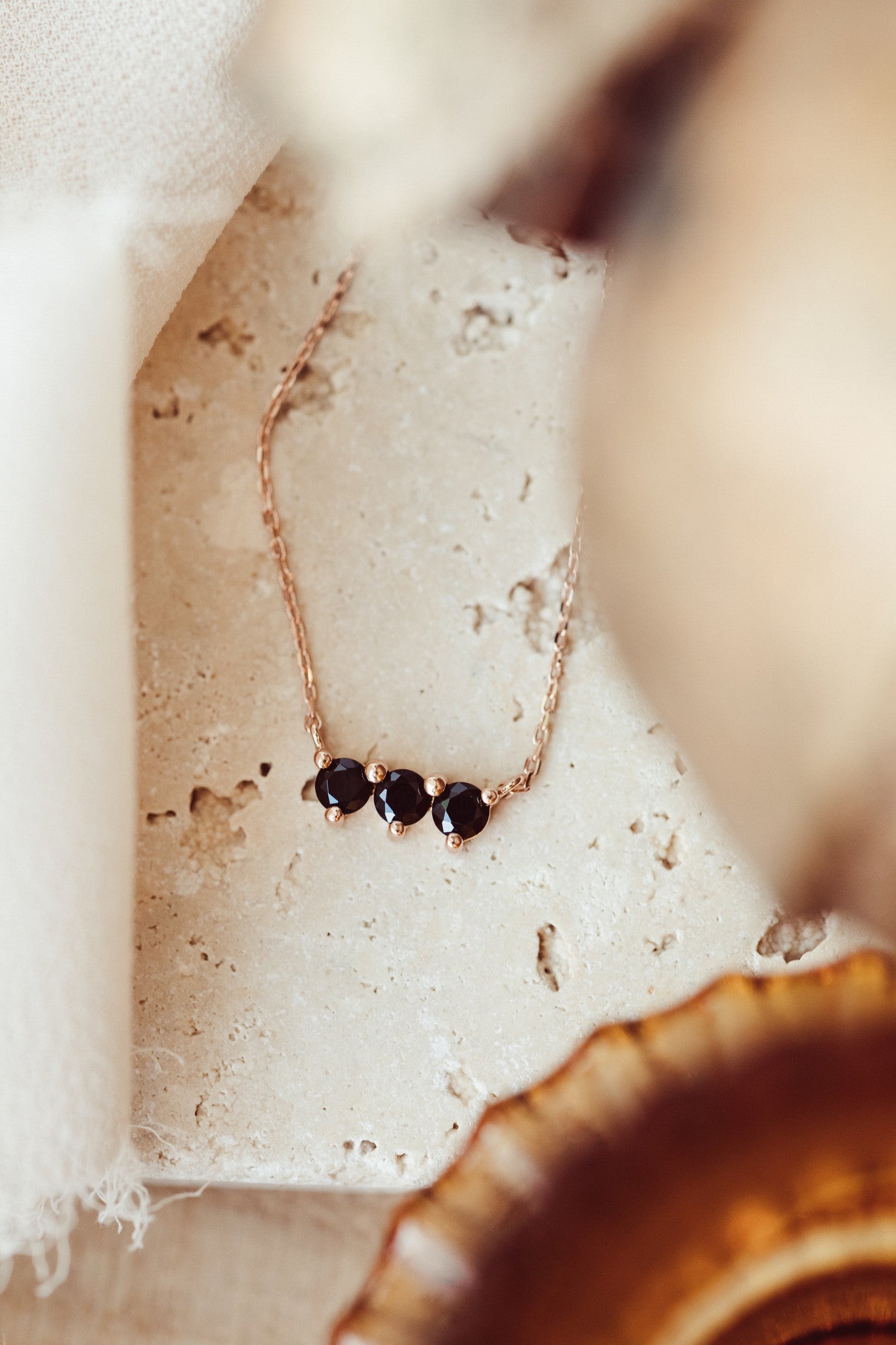 Three Round Black Spinel Bar Necklace