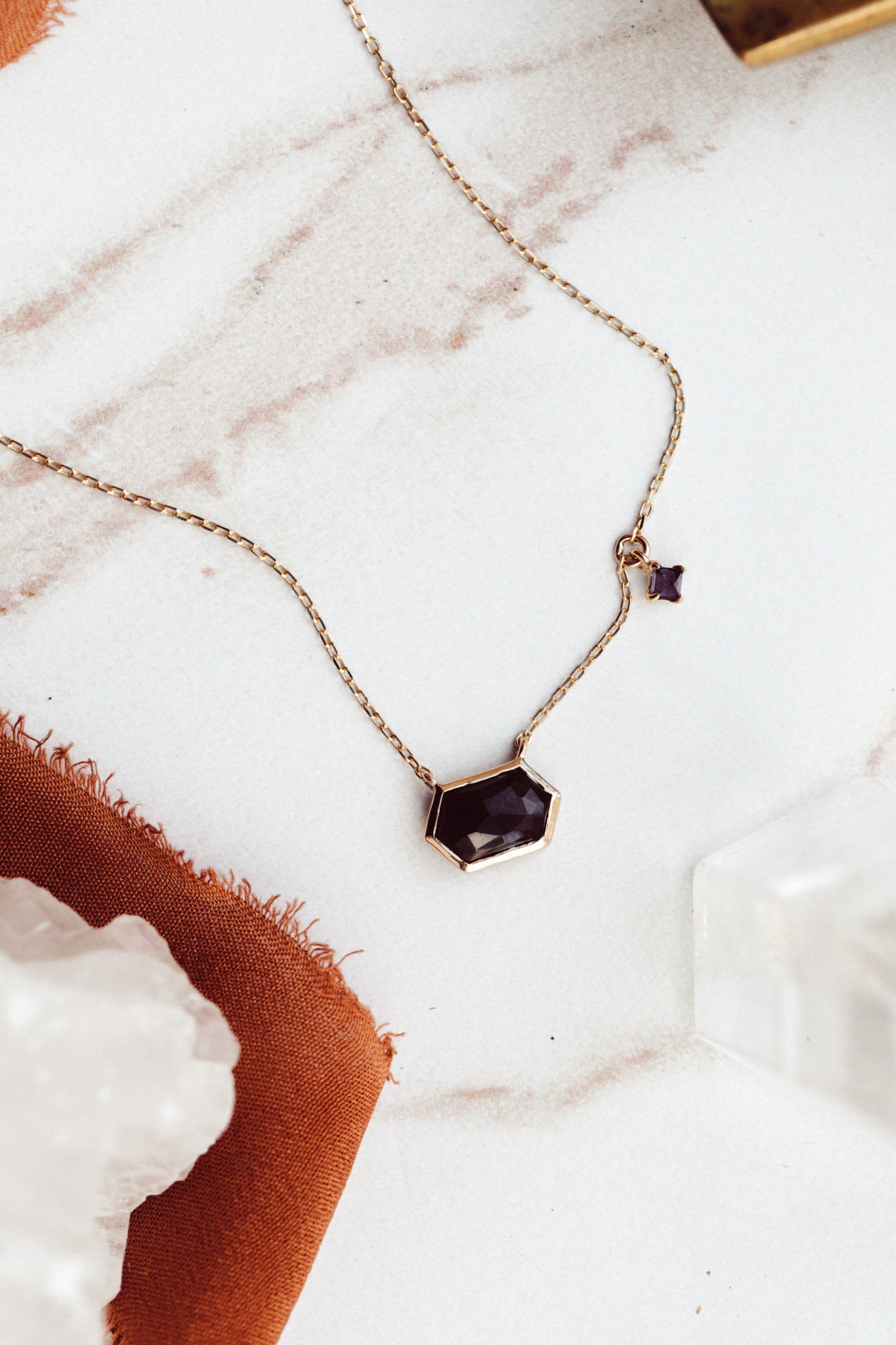 Long Hexagon Black Spinel with Iolite Dangle Necklace
