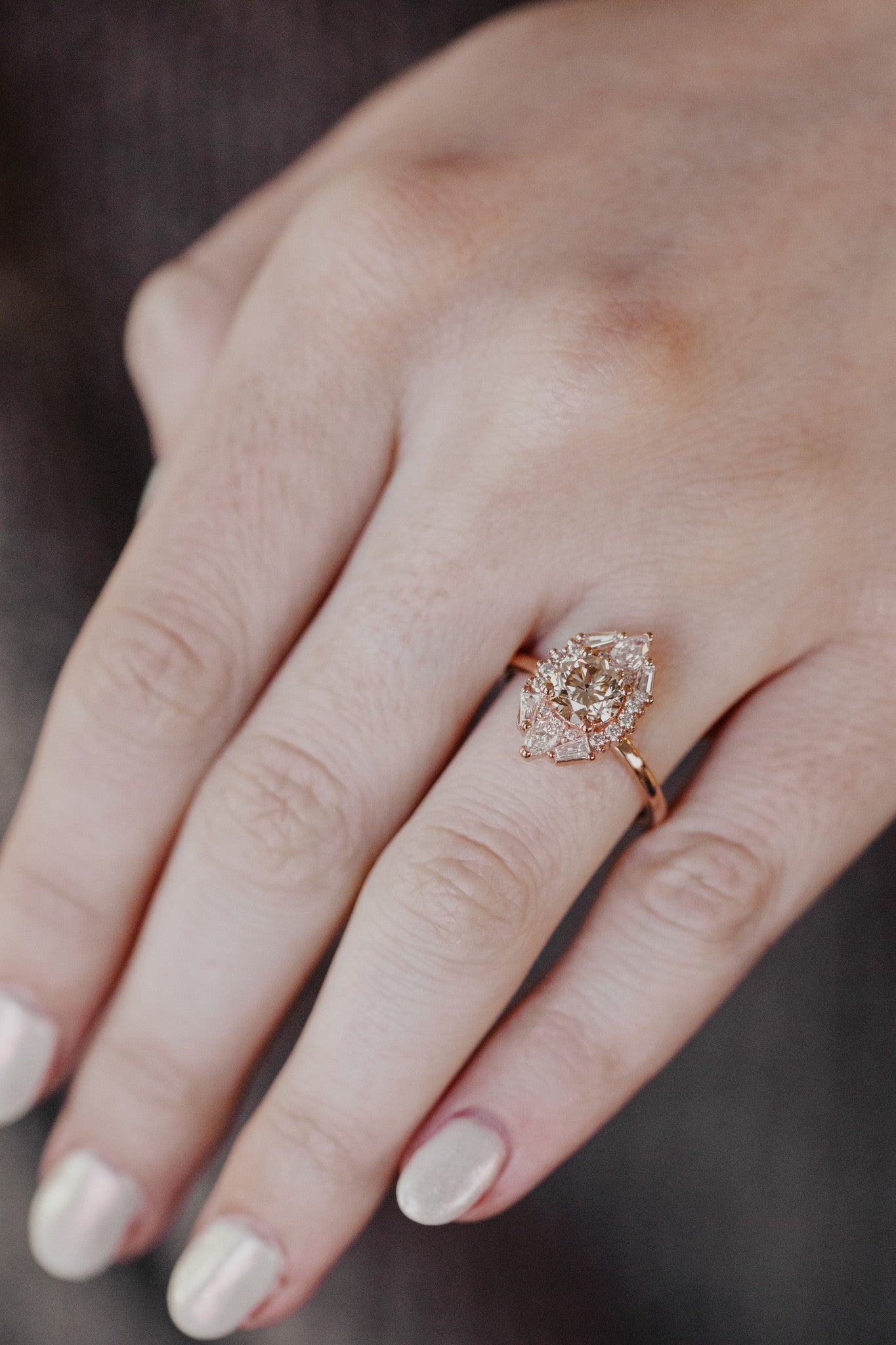 The Lori 1.12 ct Round Champagne Diamond Ornate Halo Ring