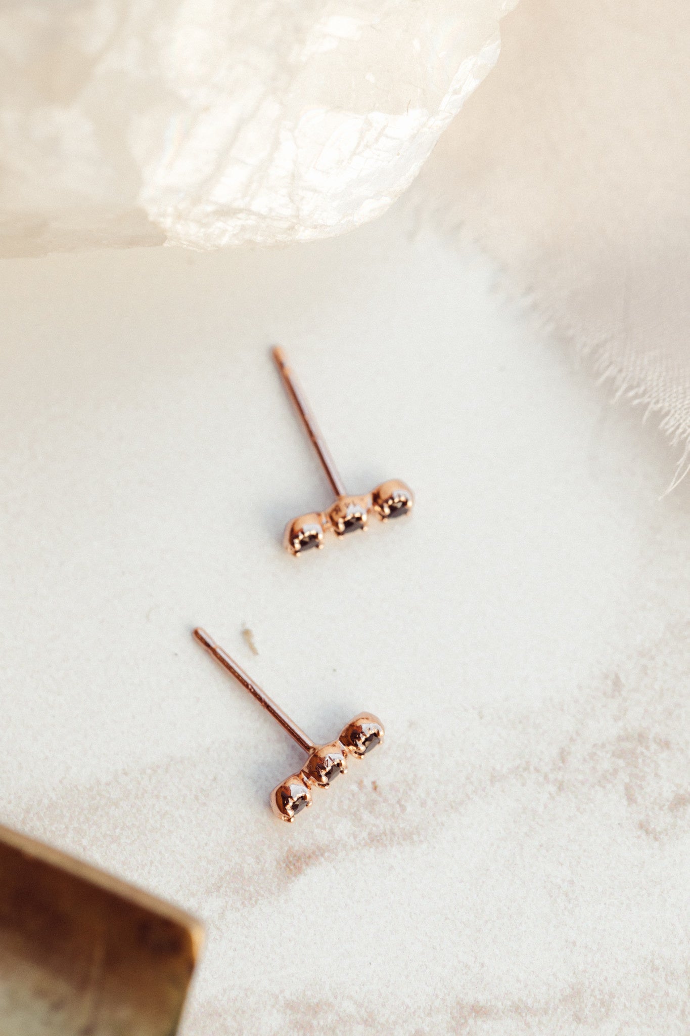 Three Tiny Black Spinel Bar Stud Earrings