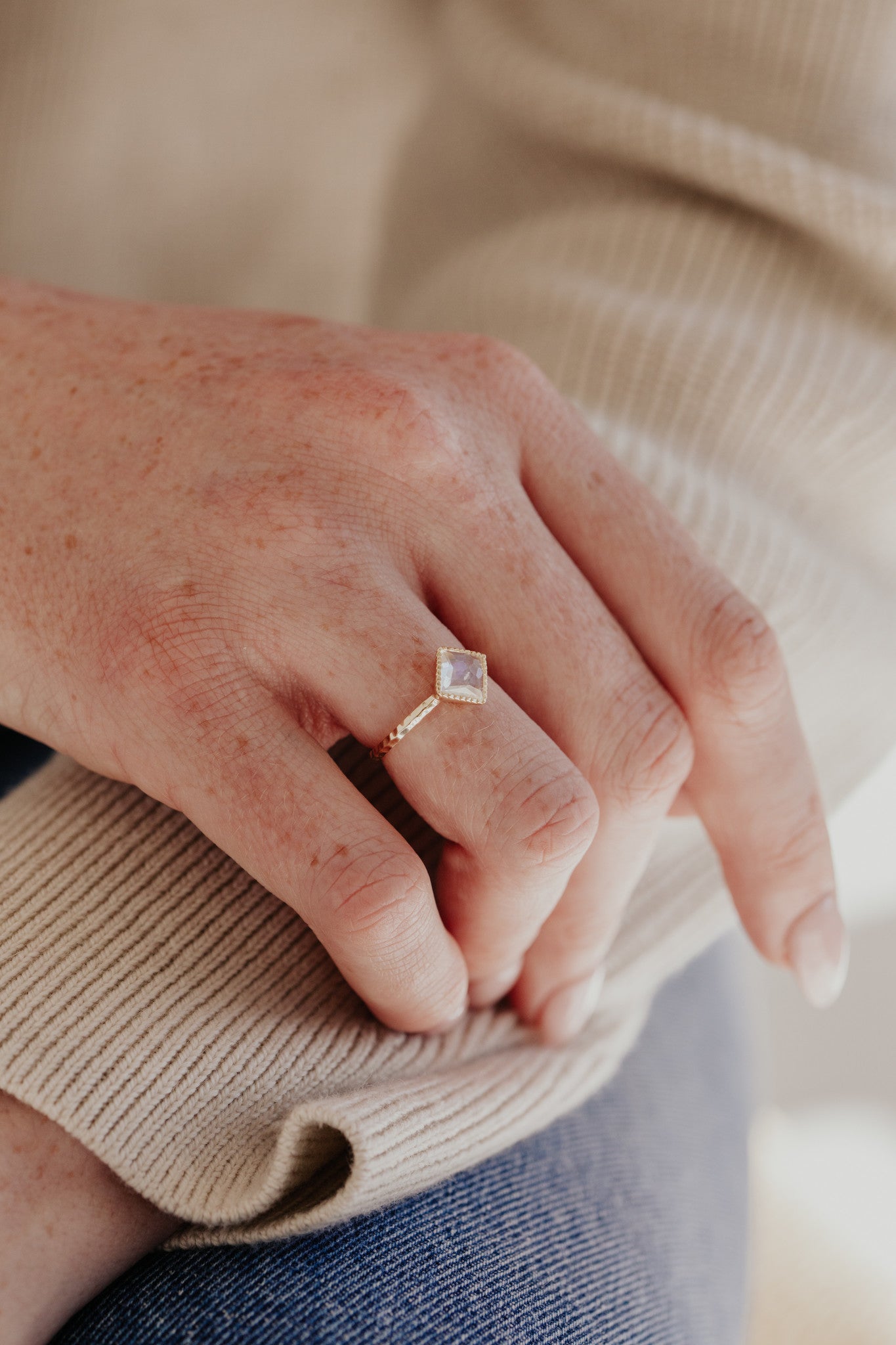 Square Black Spinel with Hammered Band Ring