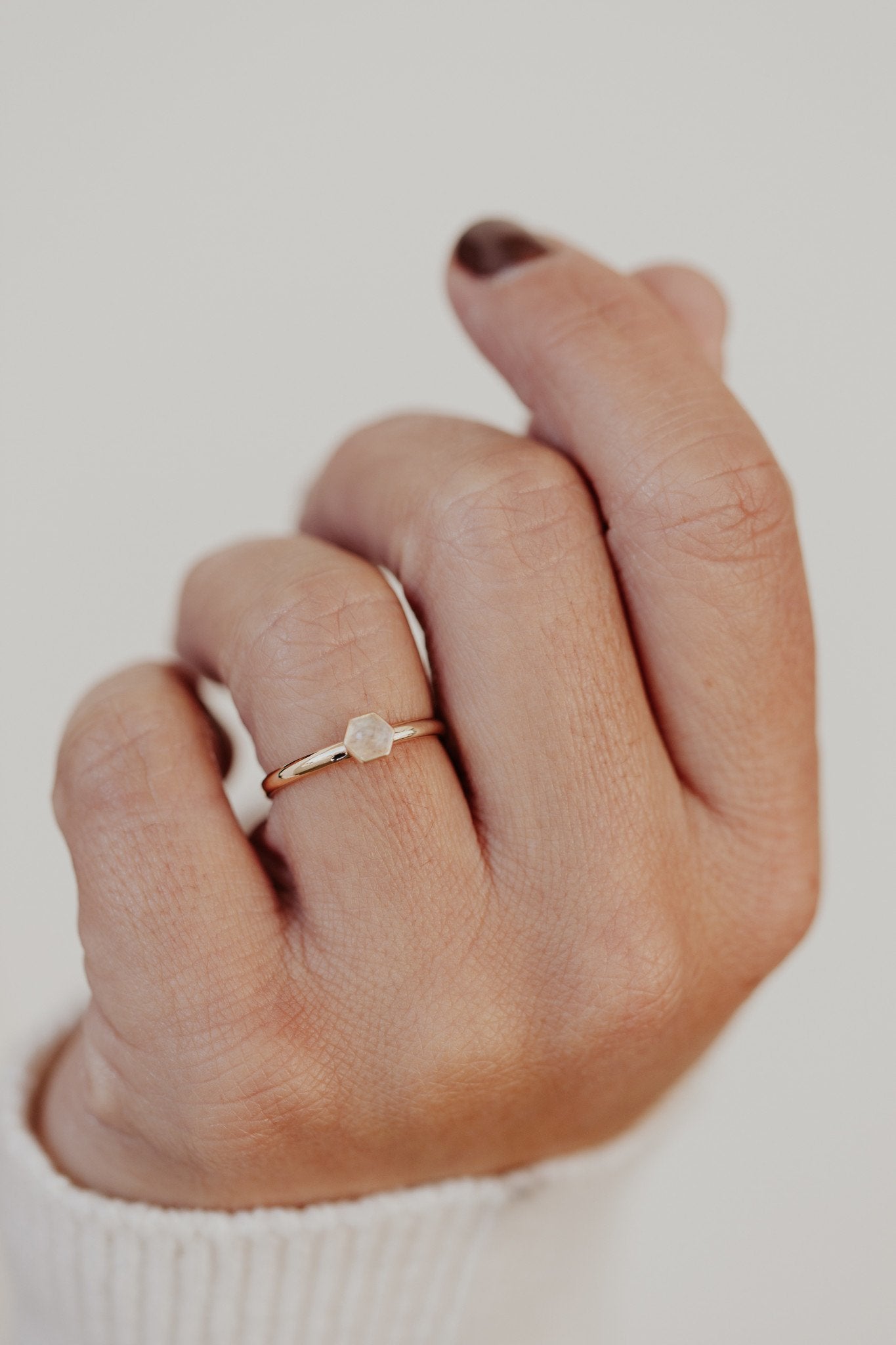 Tiny Hexagon Moonstone Bezel Ring