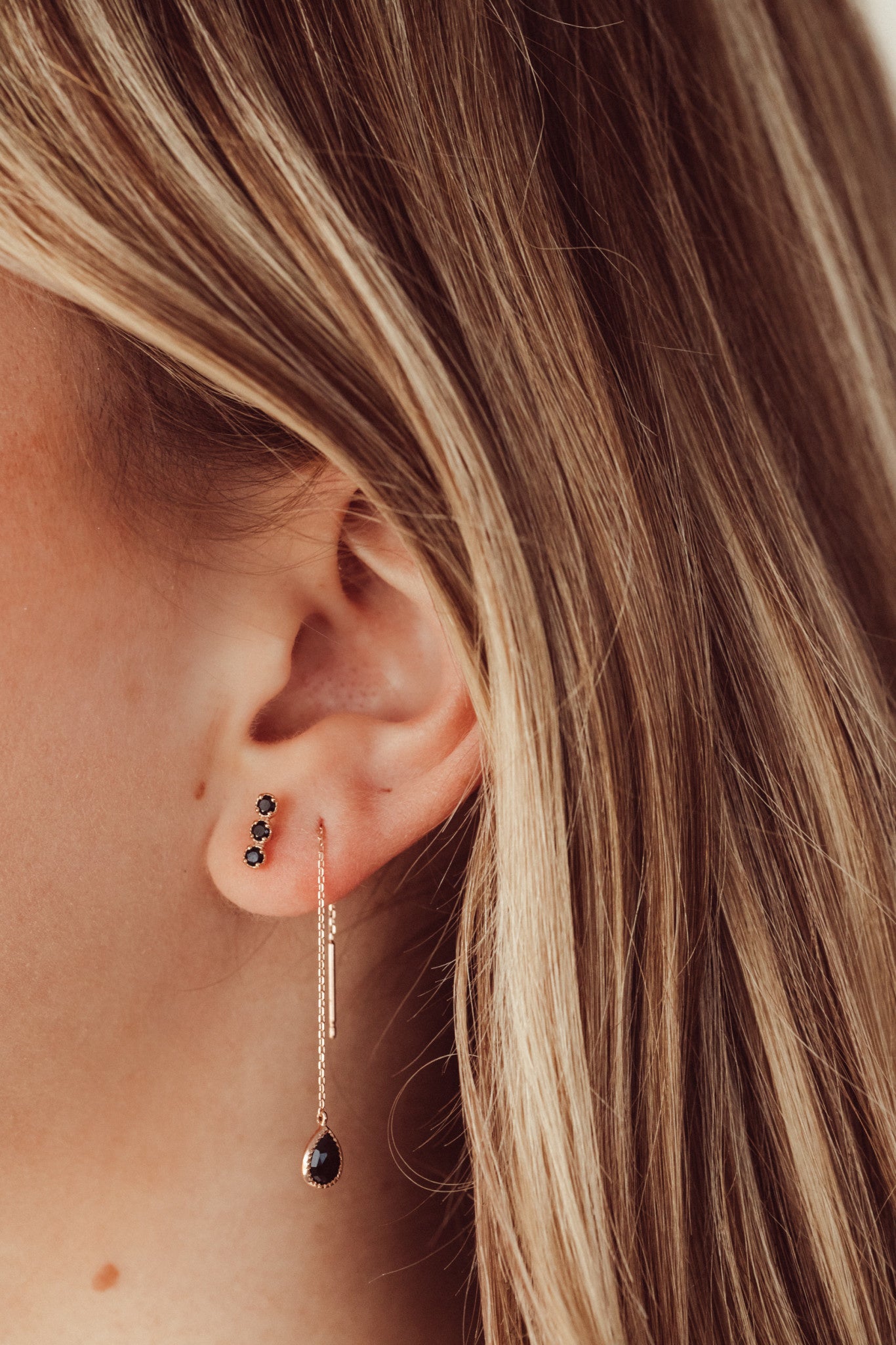 Three Tiny Black Spinel Bar Stud Earrings