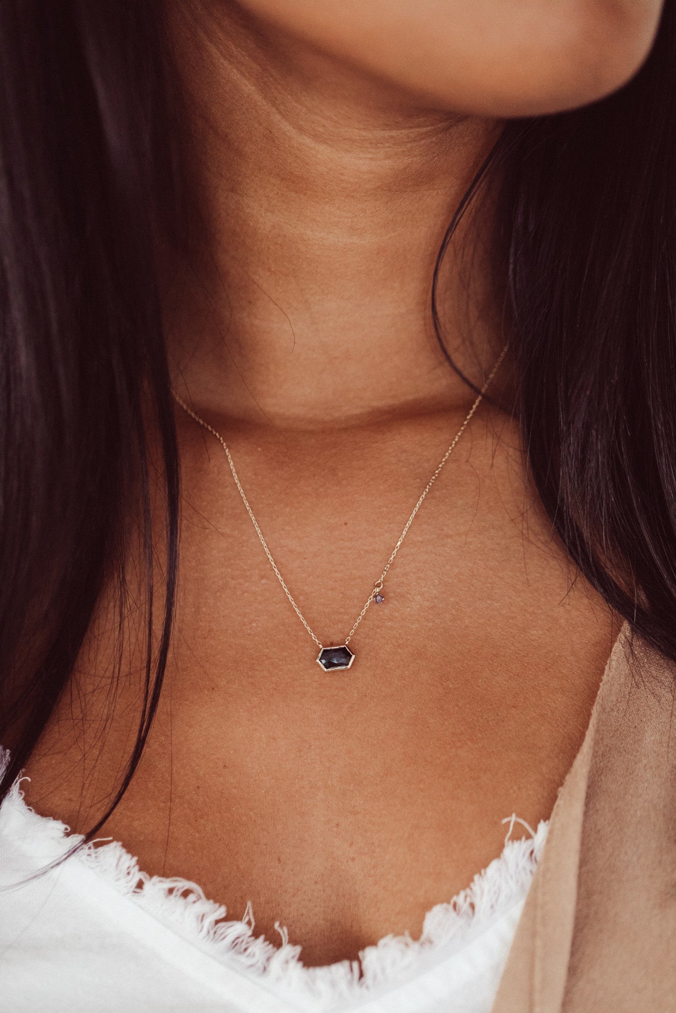 Long Hexagon Black Spinel with Iolite Dangle Necklace