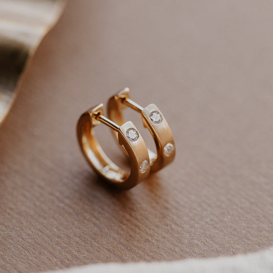 Profile view of the Three Hammer Set Round Diamonds on Hoop Earrings