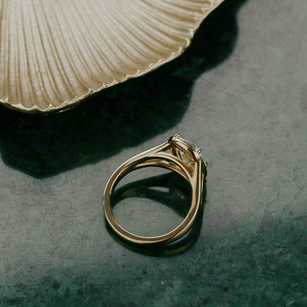 Gold ring on a textured green surface with a shell in the background