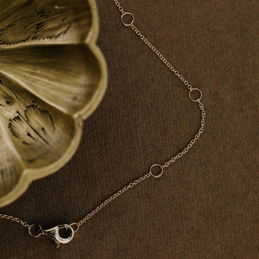Delicate gold chain necklace on a brown surface with a textured green leaf