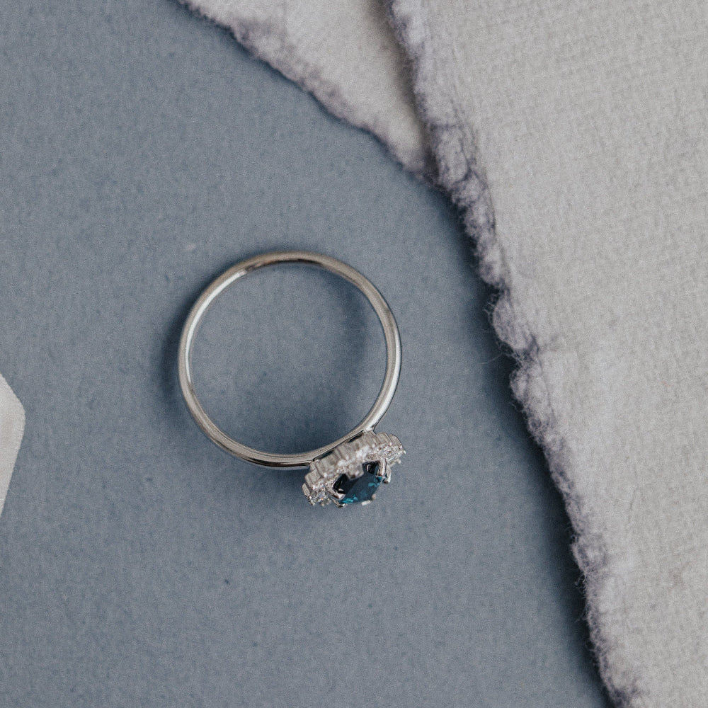Aerial view of The Nova 1.09 ct Marquise Blue Sapphire Engagement Ring