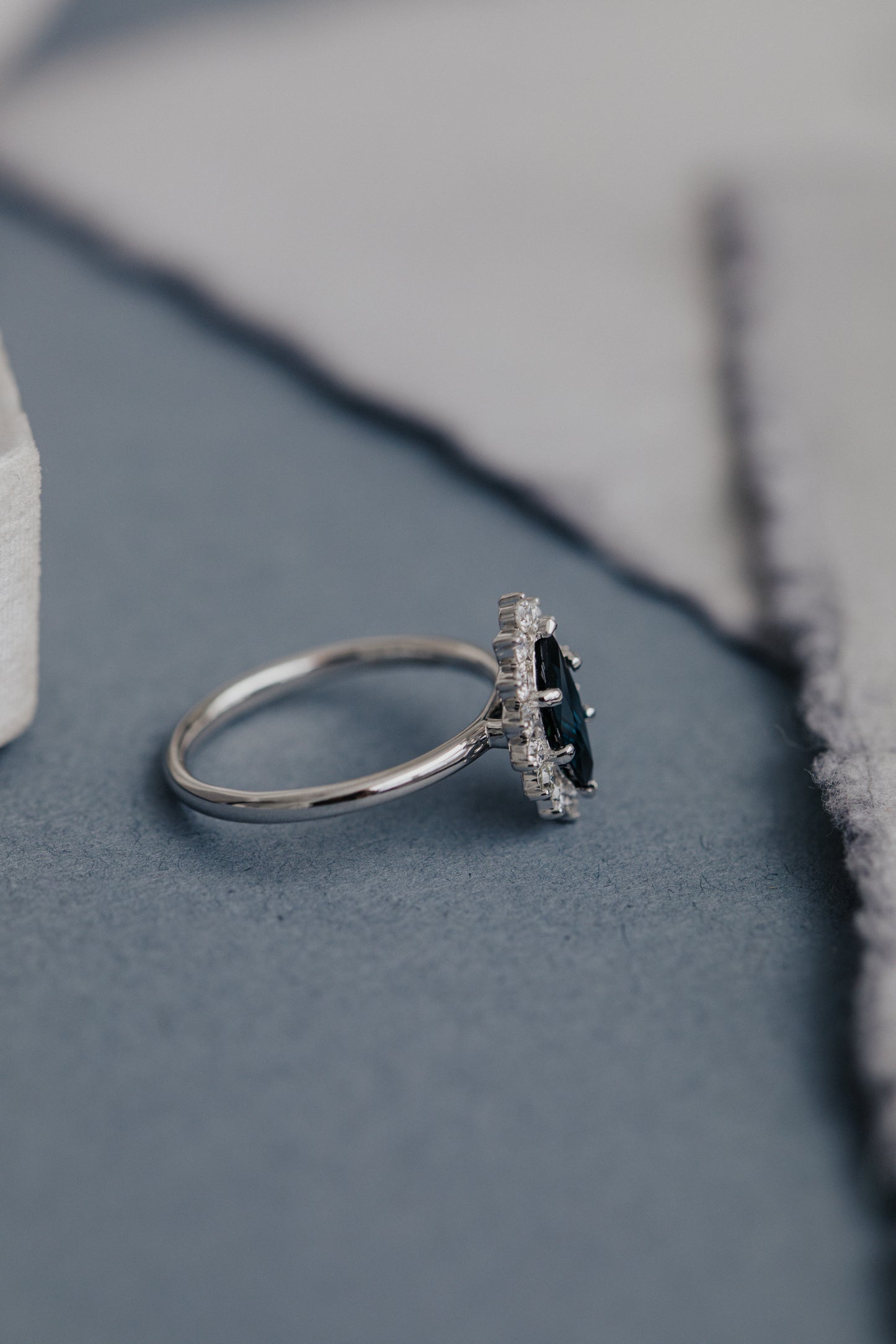 Profile view of The Nova 1.09 ct Marquise Blue Sapphire Engagement Ring in 14k white gold