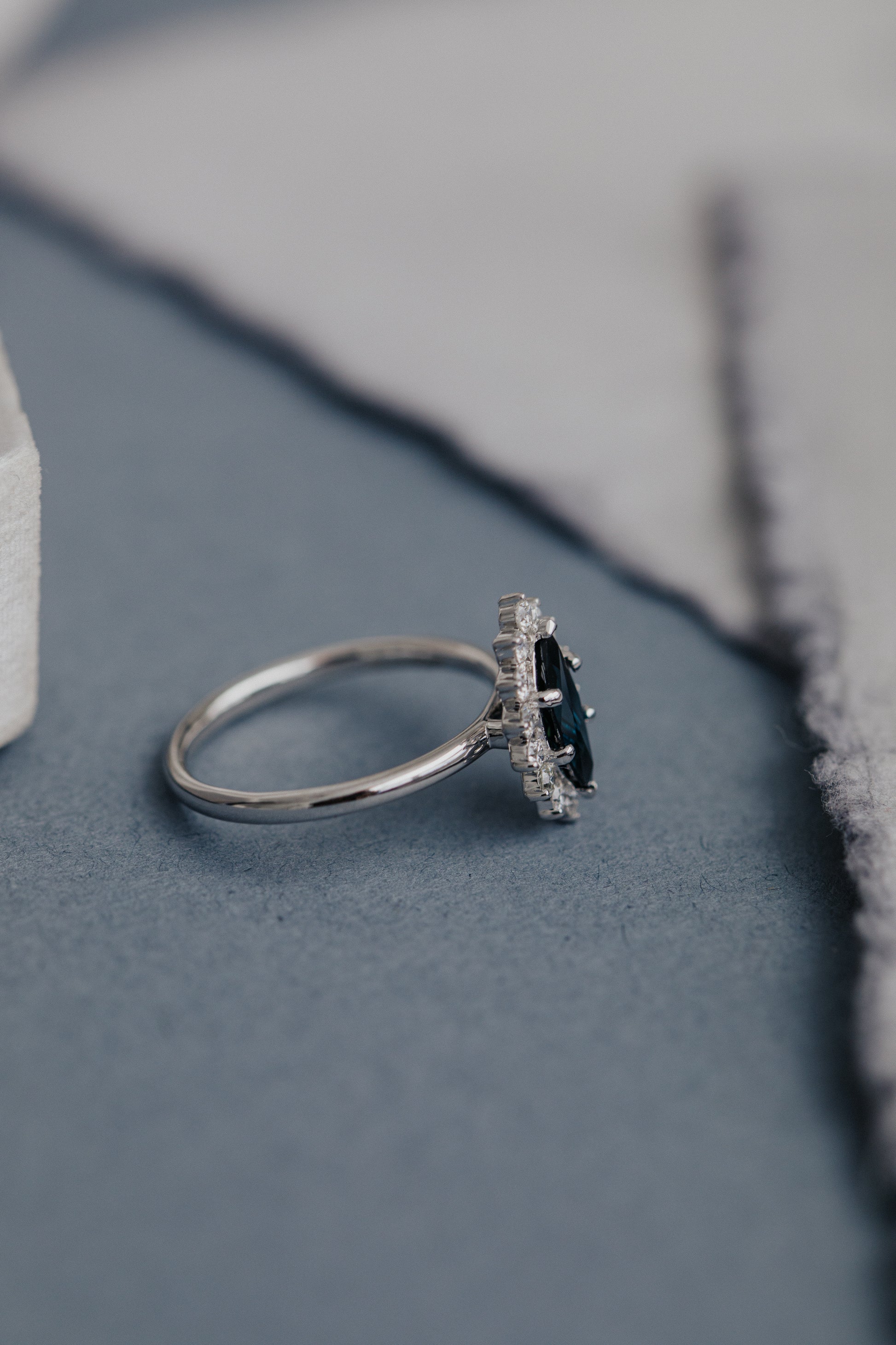 Profile view of The Nova 1.09 ct Marquise Blue Sapphire Engagement Ring in 14k white gold