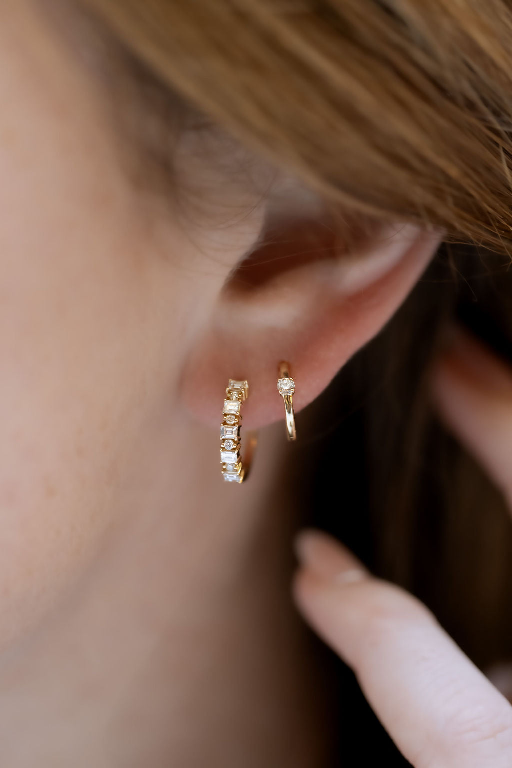Baguette and Round Diamond Huggie Earrings