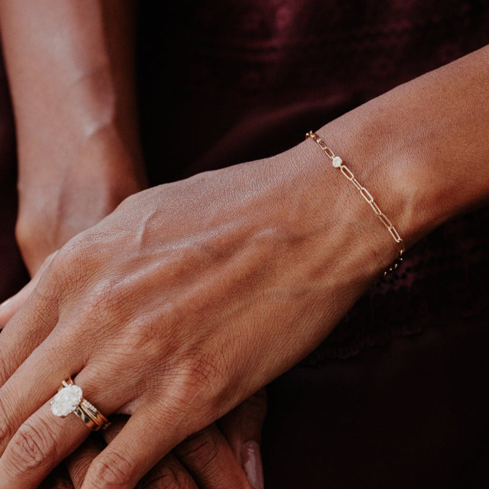 Hand wearing a gold ring and bracelet on a dark background