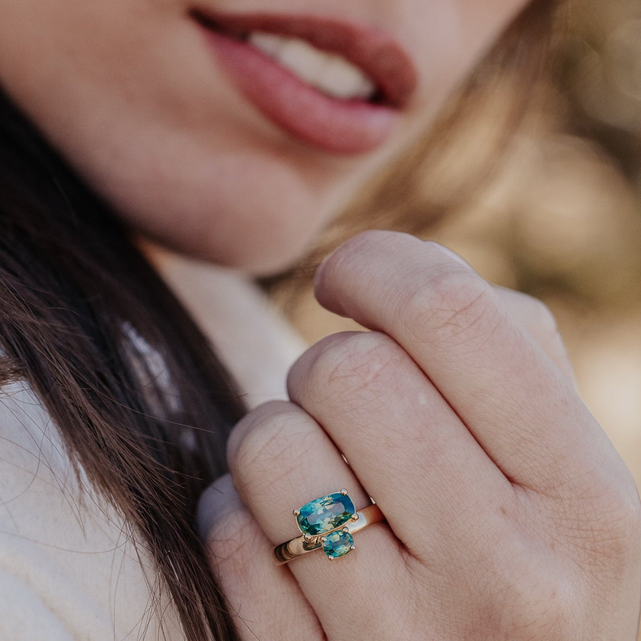 The Reese 1.81 ct Long Cushion Teal Montana Sapphire Ring