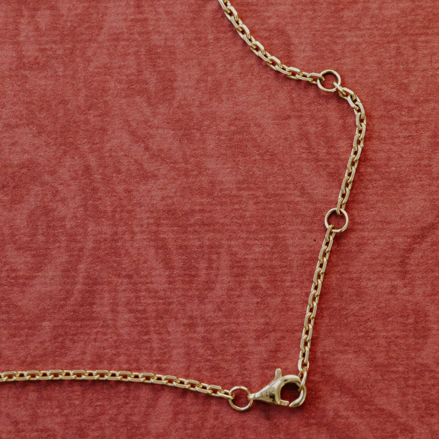 Gold chain necklace on a red textured background