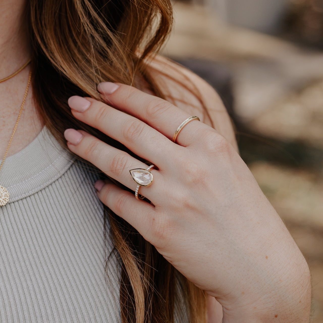 The Lyell 3.31 ct Pear Clear and Peach Rustic Diamond Ring