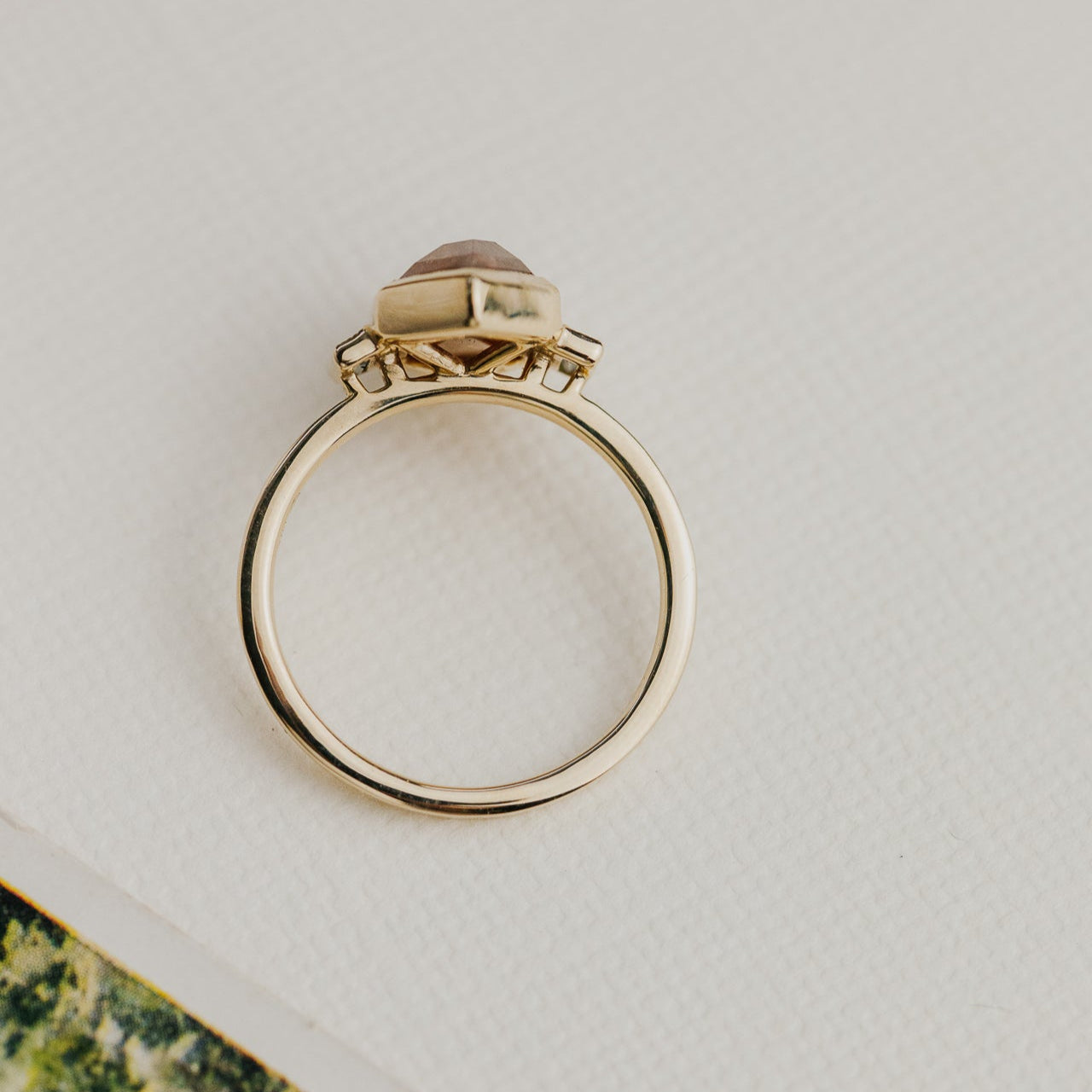 3.54 ct Long Hexagon Red Rustic Diamond Ring in 14k yellow gold with natural diamond side stones