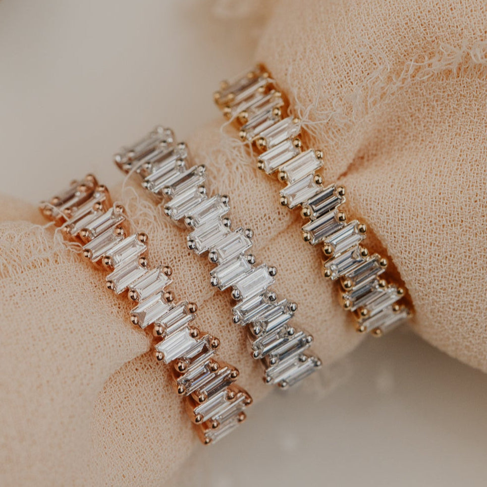 14k gold band featuring ~.48 cttw baguette diamonds set in a staggered design.