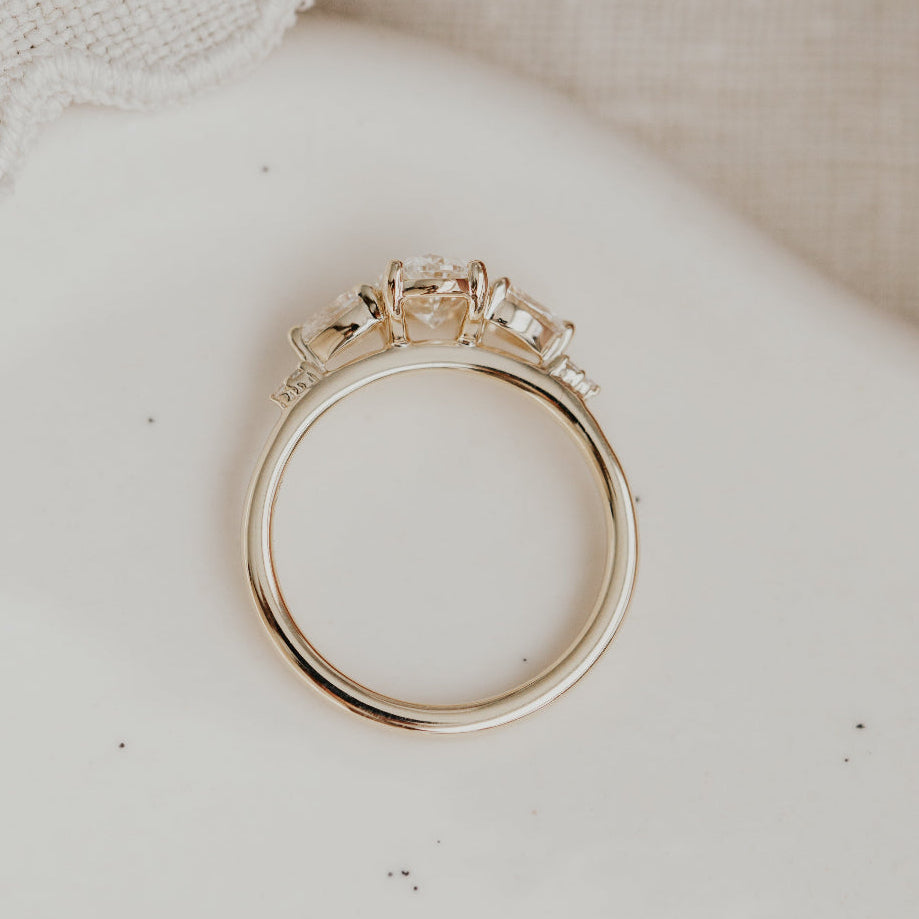 Toula gold engagement ring on white surface.