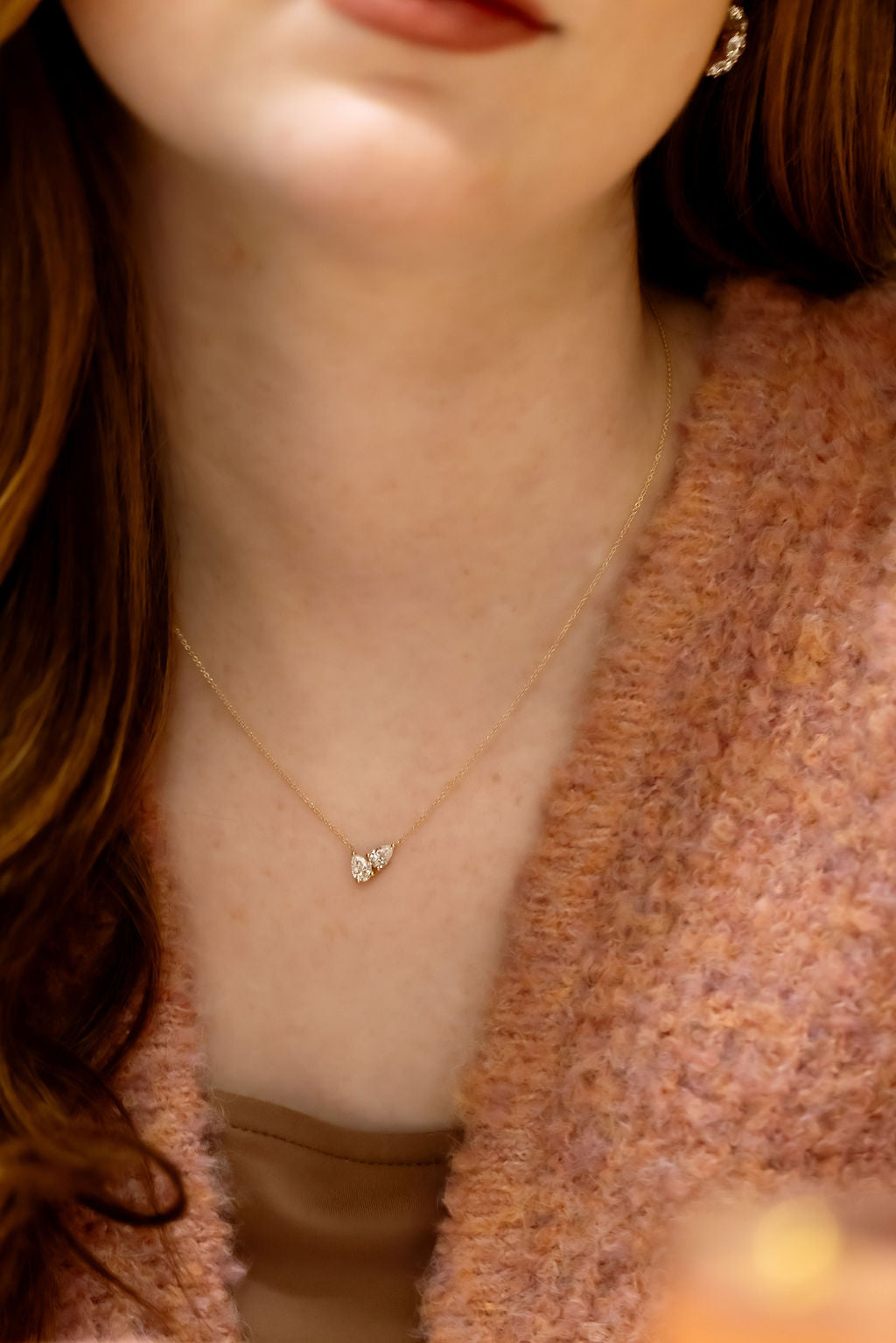 Two Pear Diamonds on Chain Necklace on a models neck