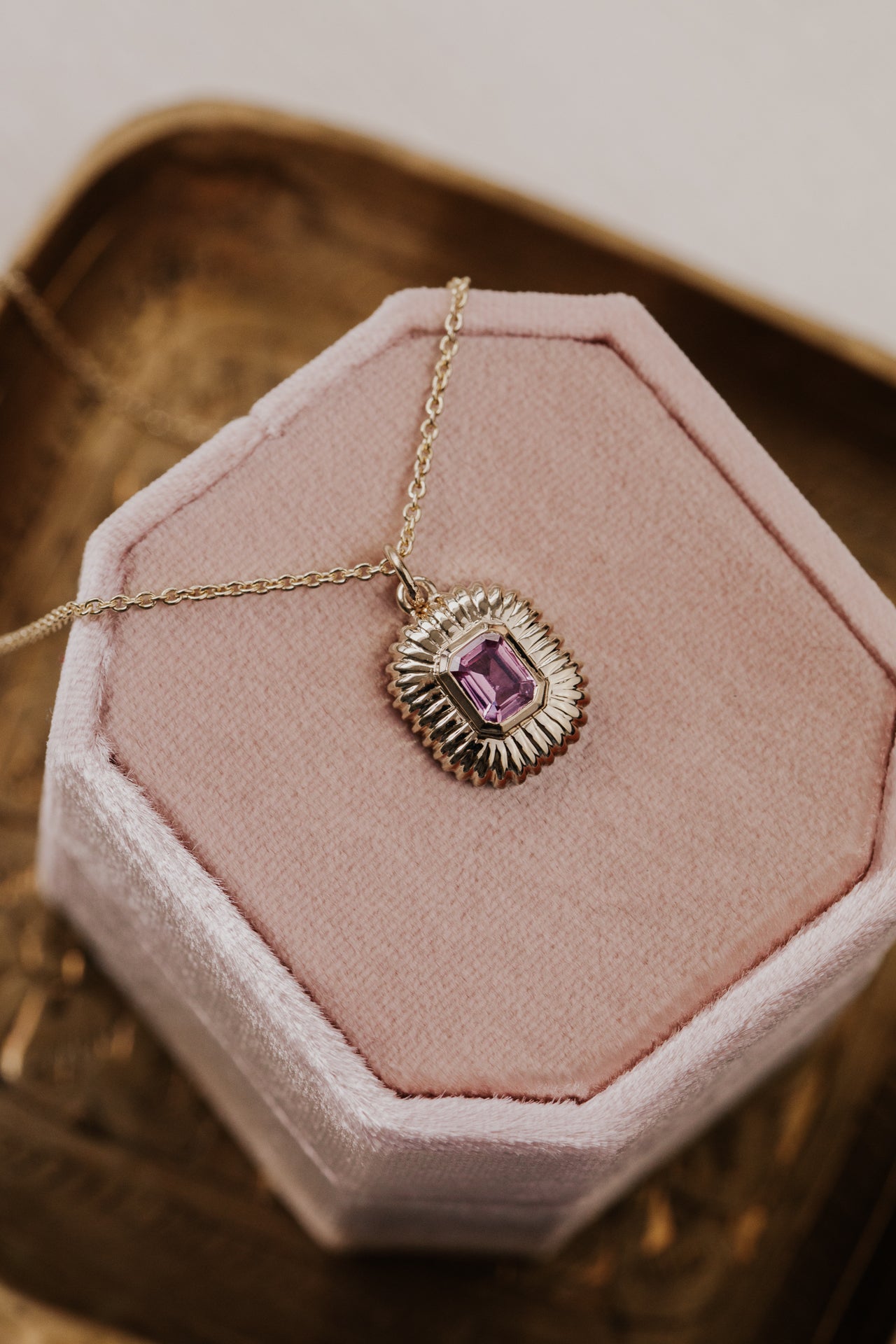 Emerald Cut Pink Sapphire with Textured Border Necklace