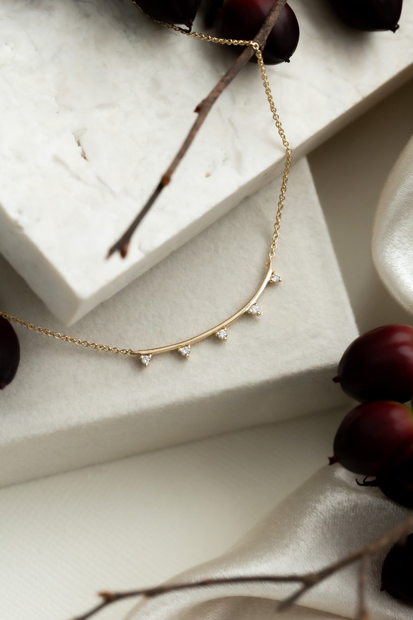 Five Diamond Curved Bar Necklace