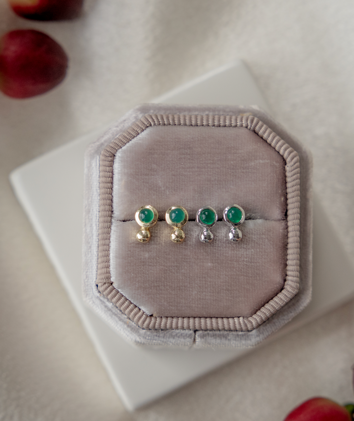 Green Agate and Metal Ball Earrings