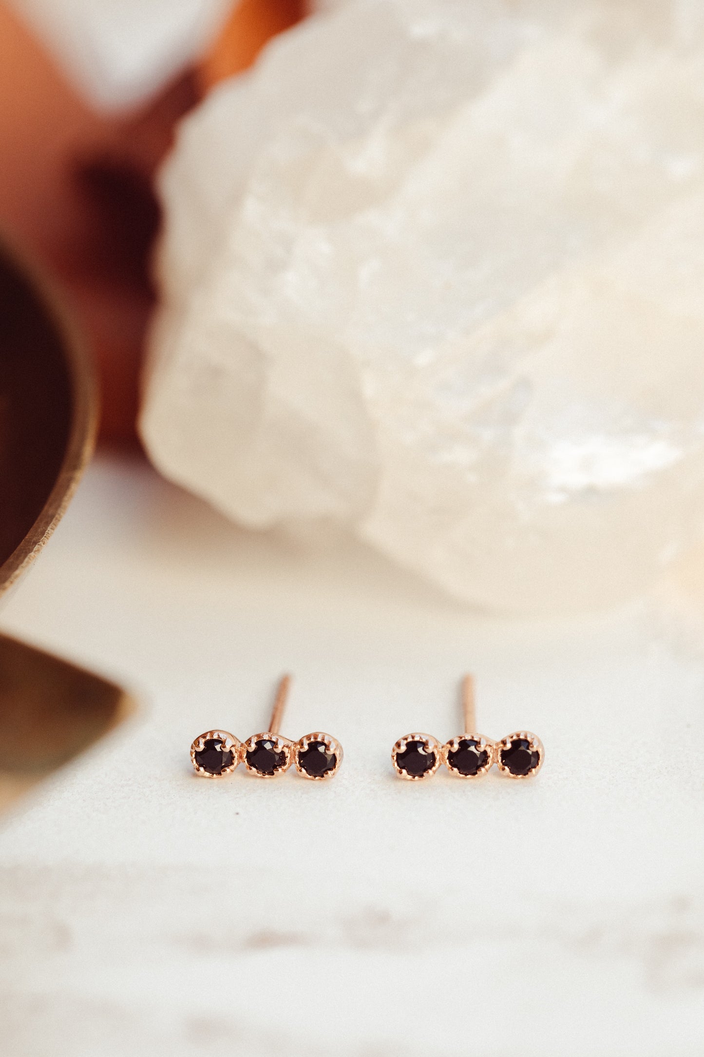 Three Tiny Black Spinel Bar Stud Earrings