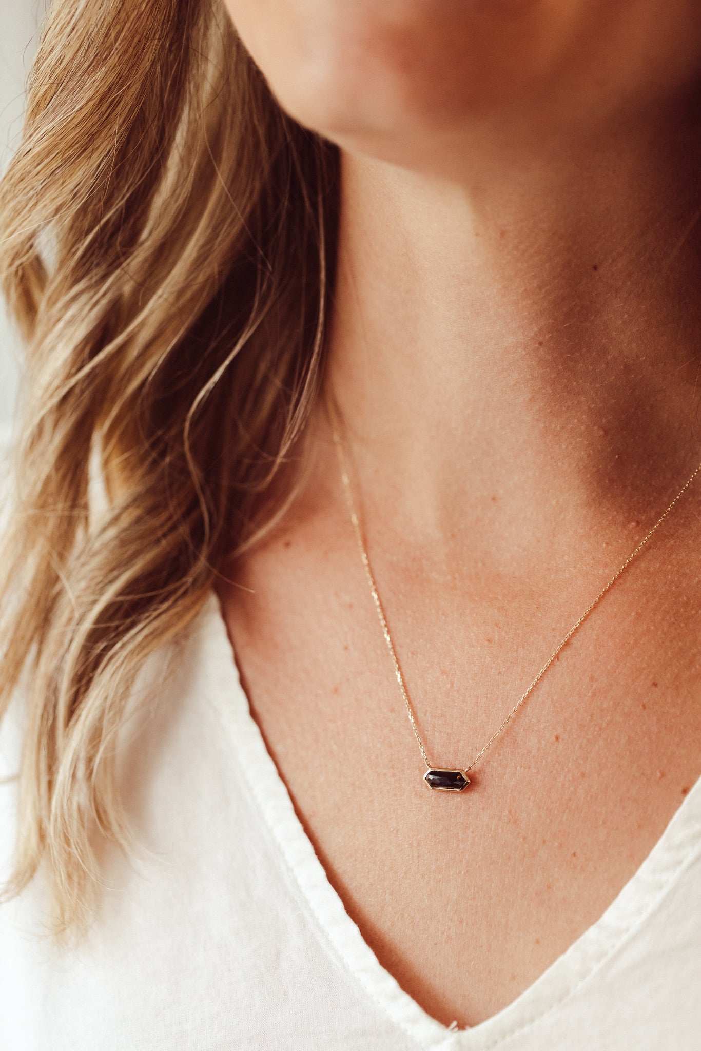 Long Hexagon Black Spinel Bezel Necklace