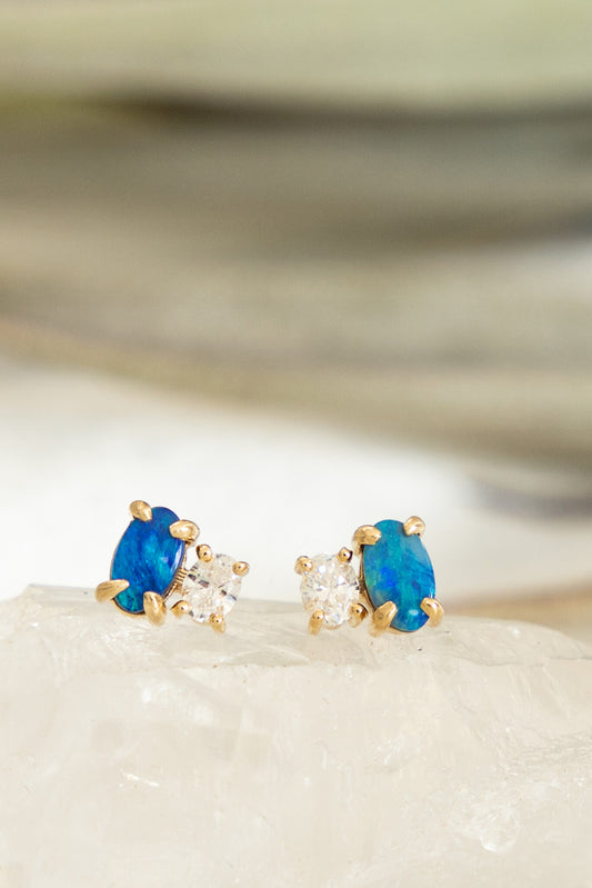 Opal with Oval Diamond Stud Earrings