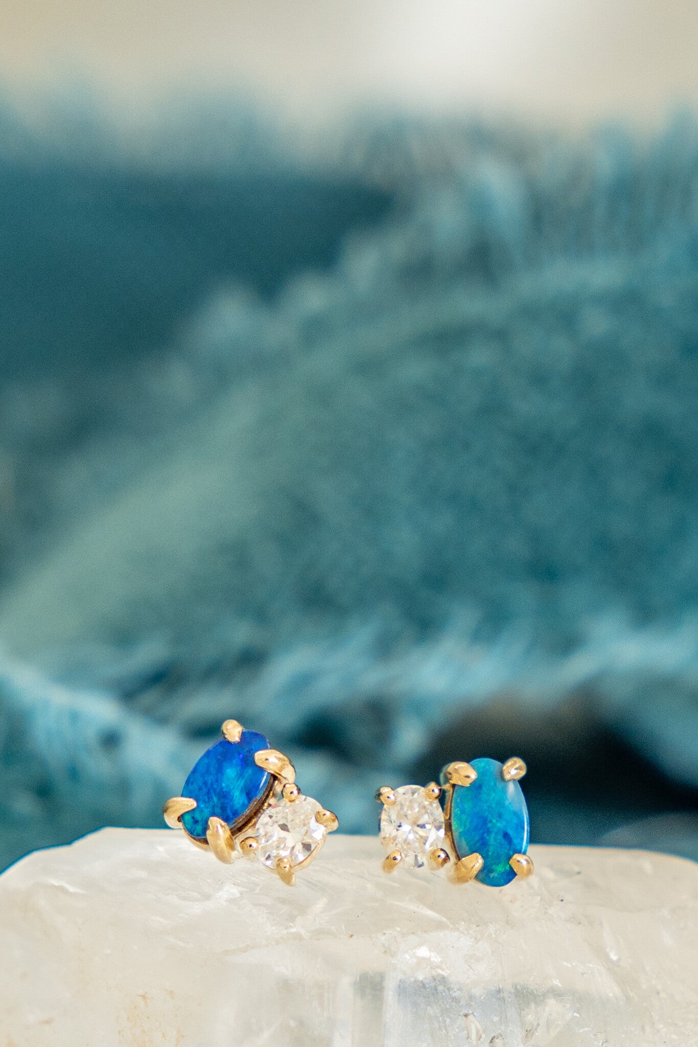 Opal with Oval Diamond Stud Earrings