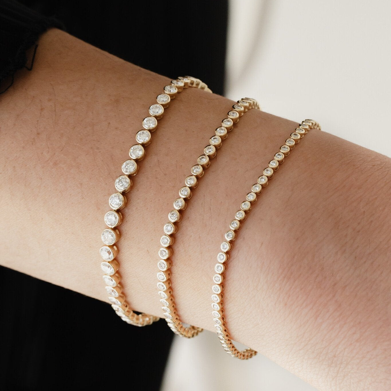 Bezel tennis bracelet in 14k yellow, white, and rose gold