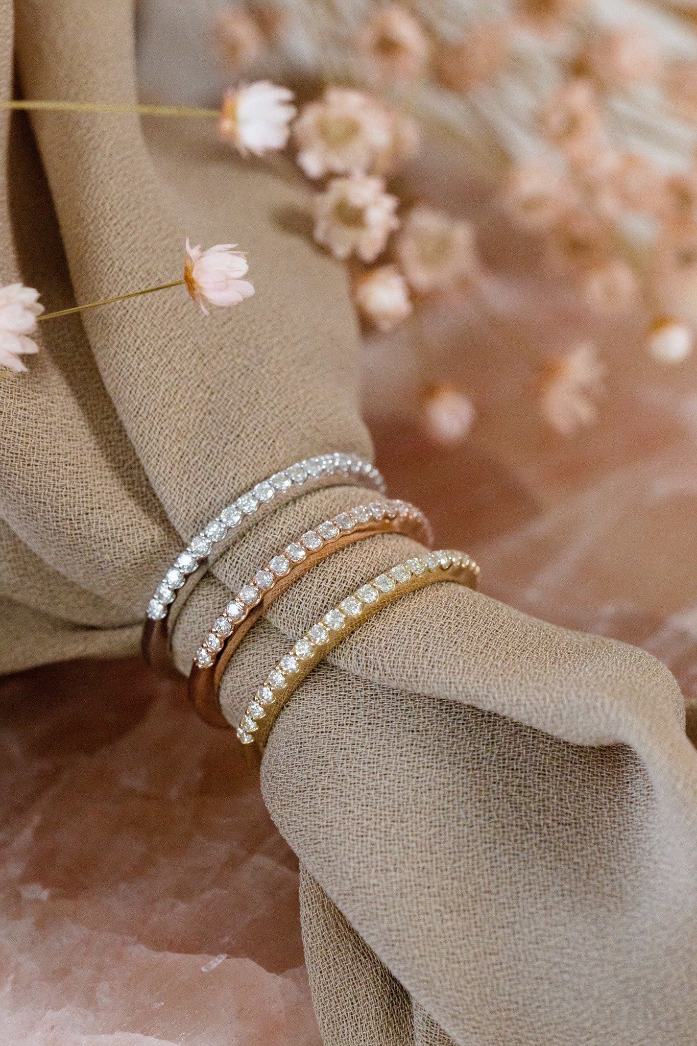 The Jenna Diamond Band in 14k white, rose, and yellow gold.