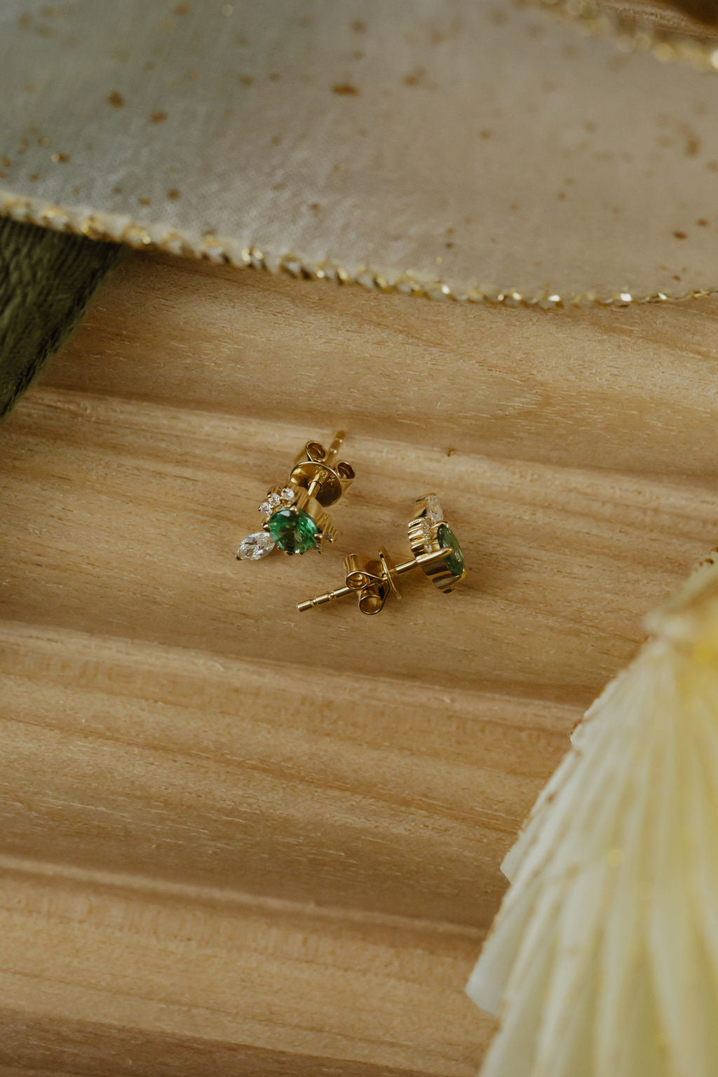Round Emeralds with Marquise and Round Diamond Half Halo Earrings