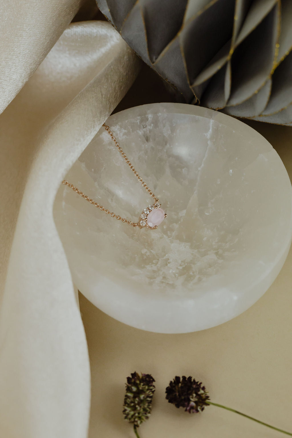 Oval Rose Quartz and Half Halo Diamond Necklace