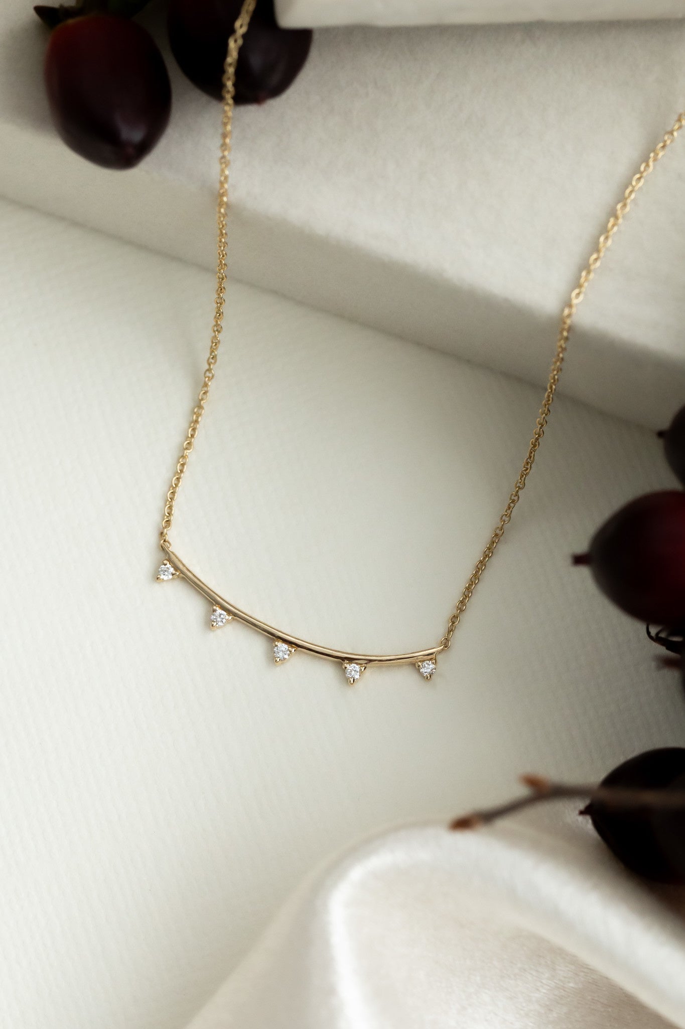 Five Diamond Curved Bar Necklace