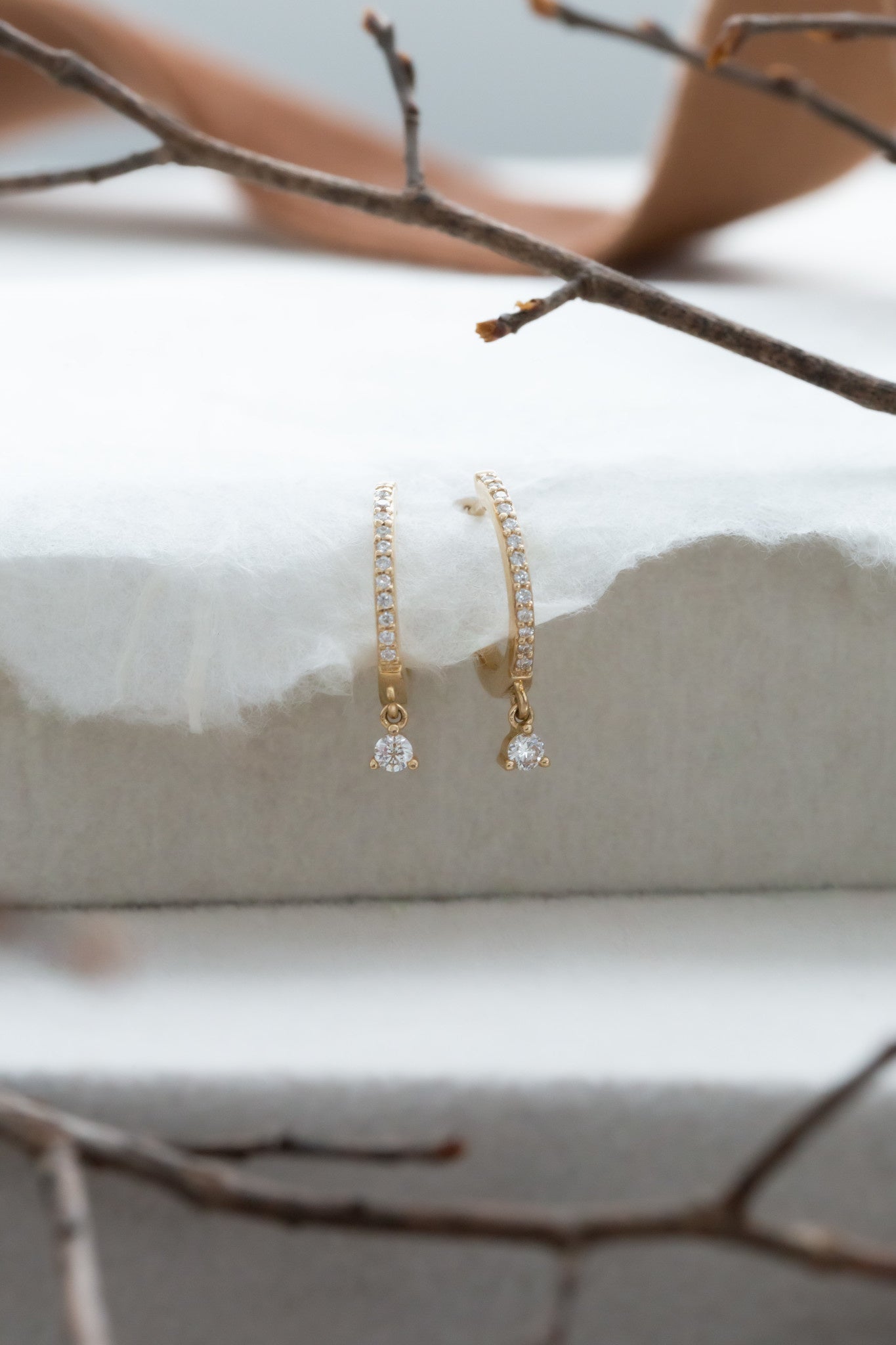 Pave and Diamond Dangle Huggie Earrings