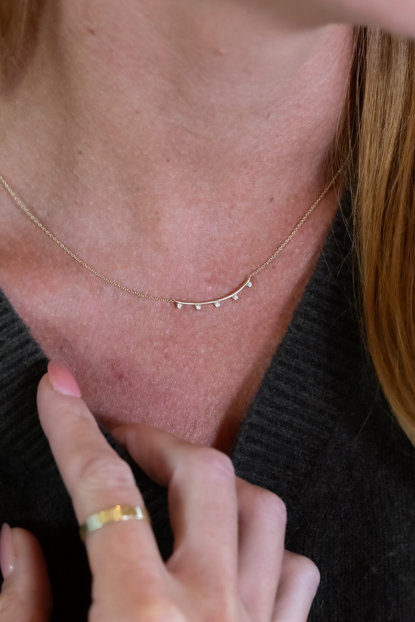 Five Diamond Curved Bar Necklace