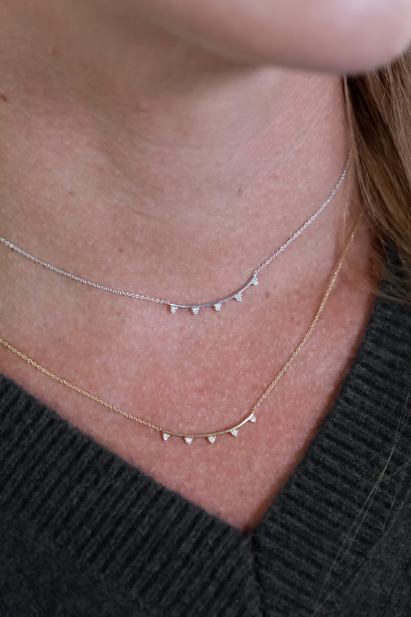 Five Diamond Curved Bar Necklace