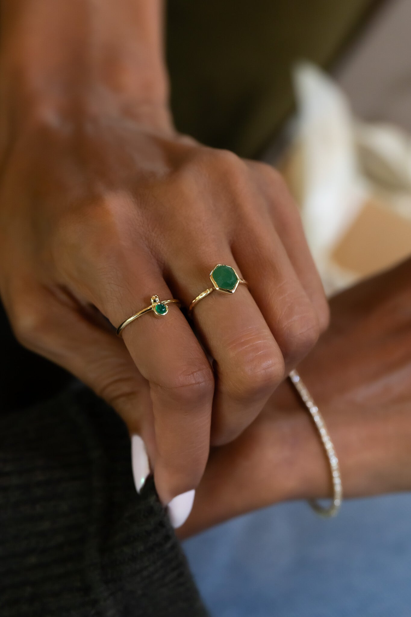Green Agate and Metal Ball Ring