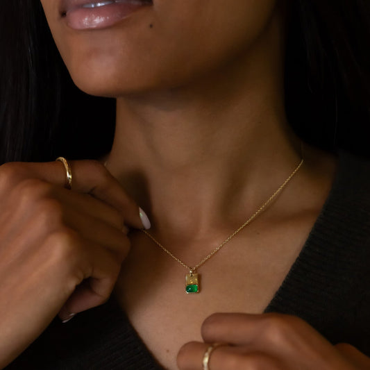 Emerald Cut Green Agate and Gold Necklace