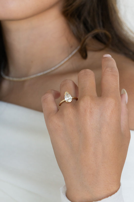 The Zadie 2.00 ct Pear Lab Grown Diamond Solitaire on models hand