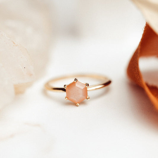 Hexagon Peach Moonstone Ring