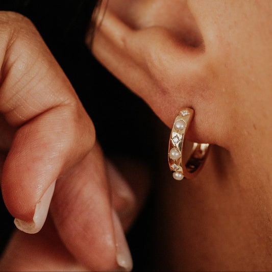 Alternating Pearl and Diamond Starburst Set Hoop Earrings