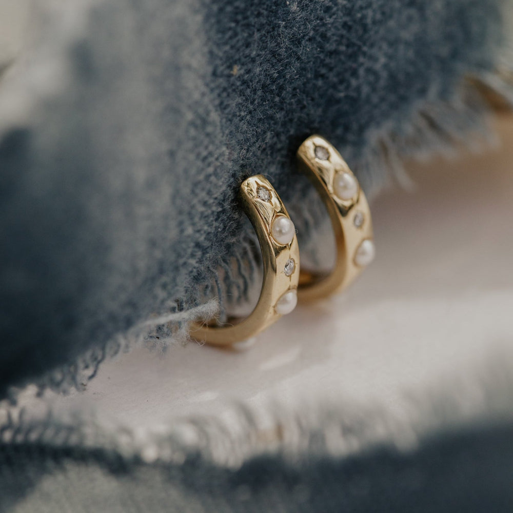 Alternating Pearl and Diamond Starburst Set Hoop Earrings