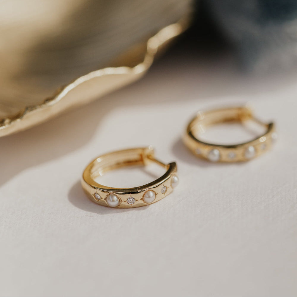 Alternating Pearl and Diamond Starburst Set Hoop Earrings