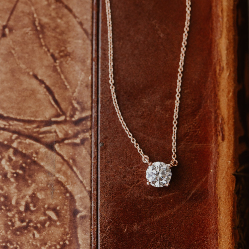 Diamond necklace on a textured brown surface