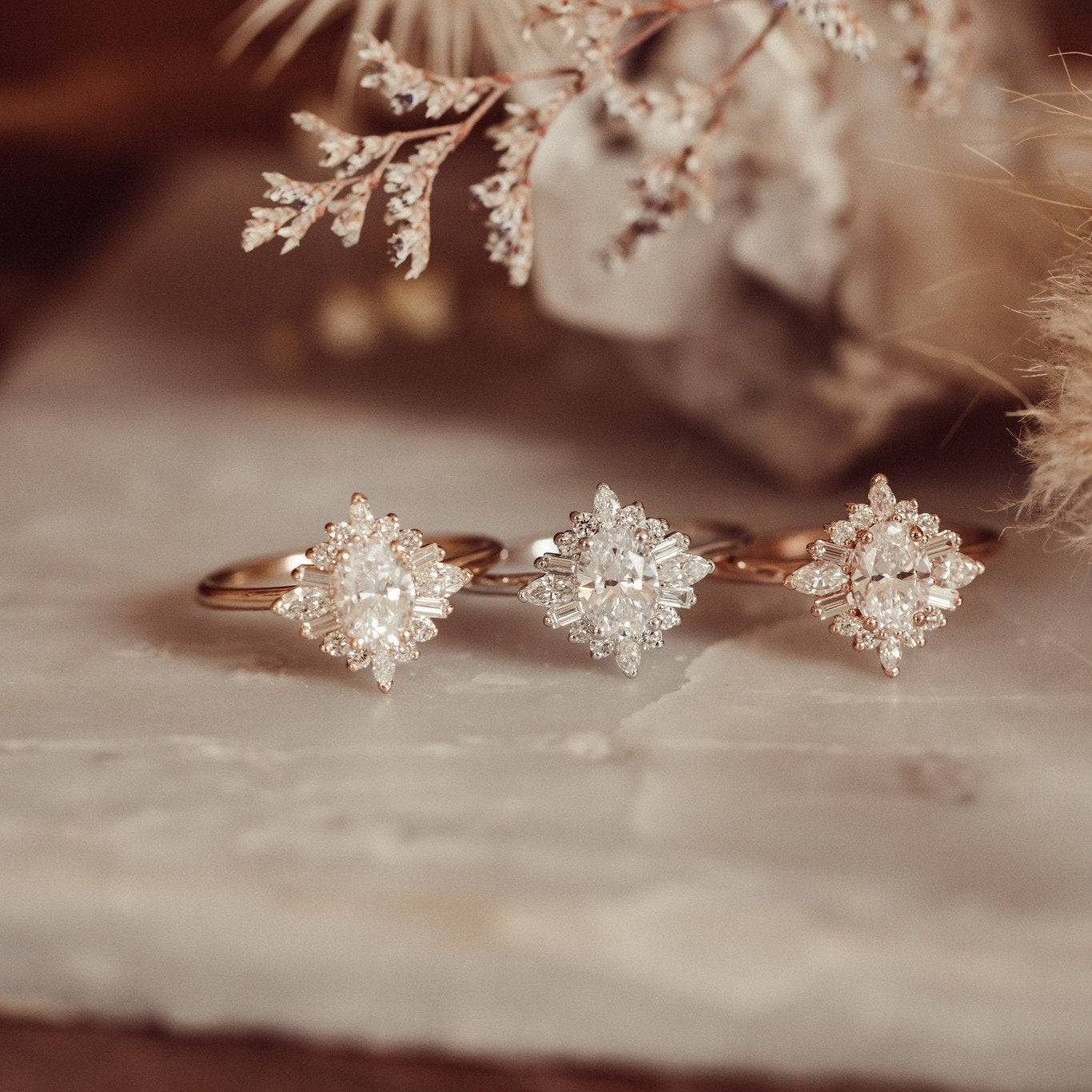 The Mini Harlem oval engagement ring in 14k yellow, white, and rose gold