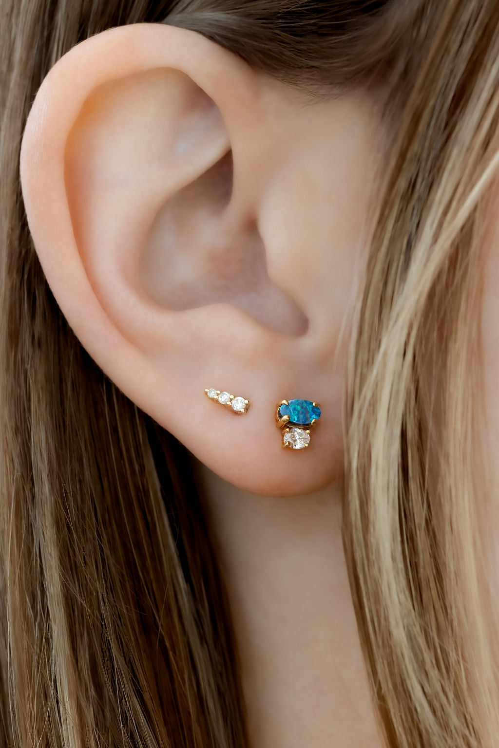 Opal with Oval Diamond Stud Earrings