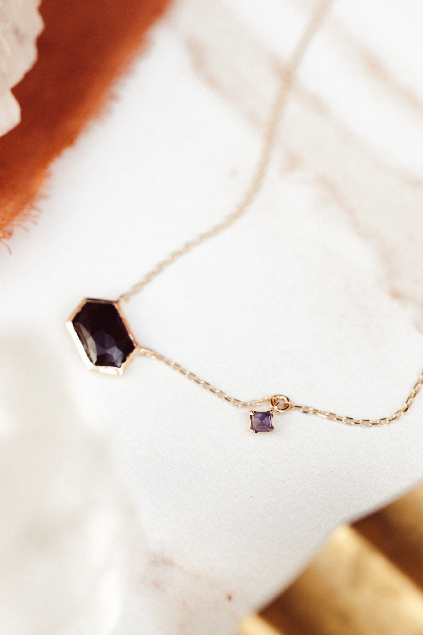 Long Hexagon Black Spinel with Iolite Dangle Necklace